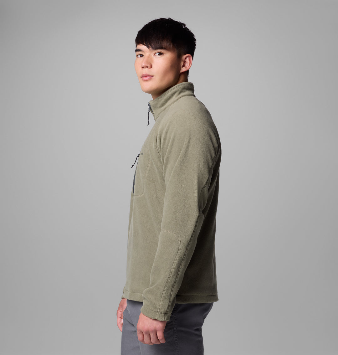 Men's stone green fleece half-zip pullover, side view with stand collar