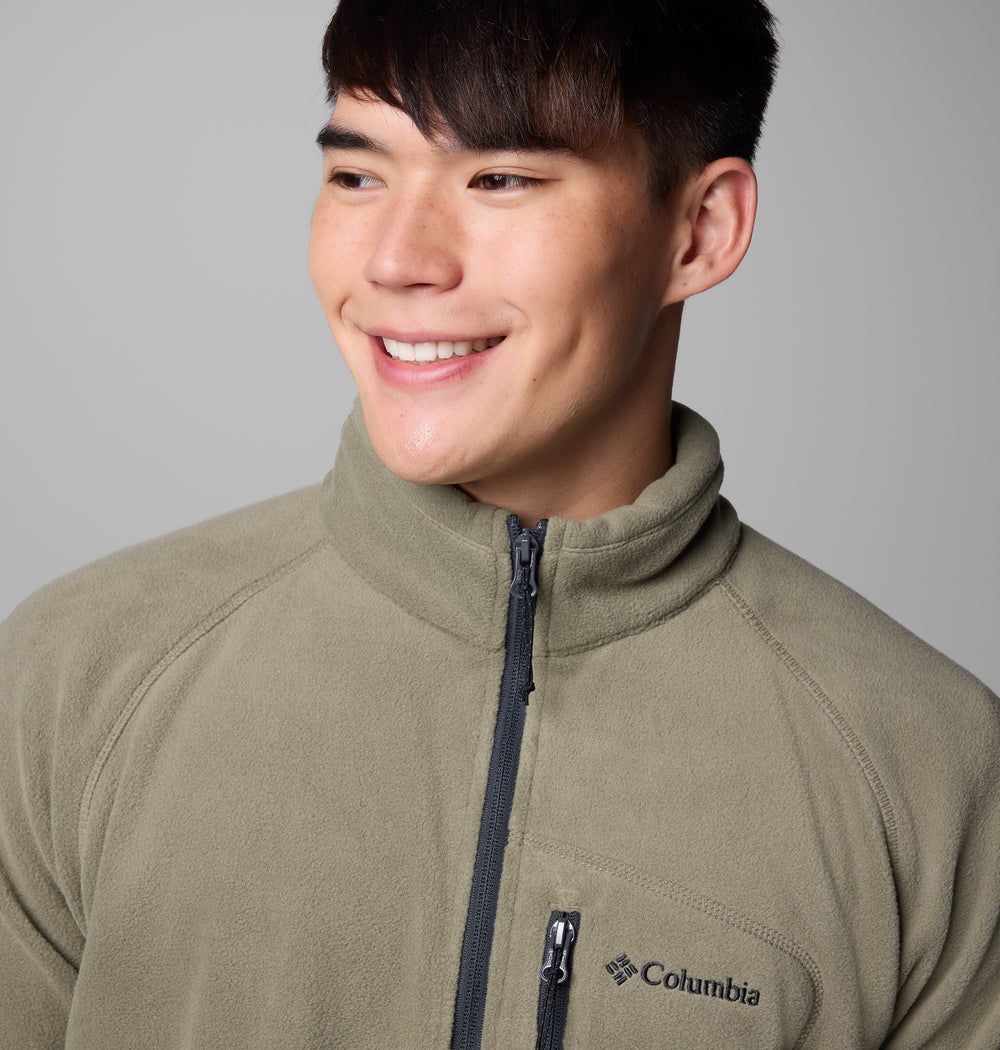 Men's stone green half-zip fleece with navy zipper and Columbia chest logo