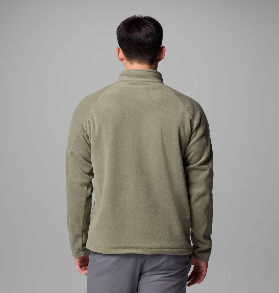 Men's stone green fleece half-zip pullover, back view