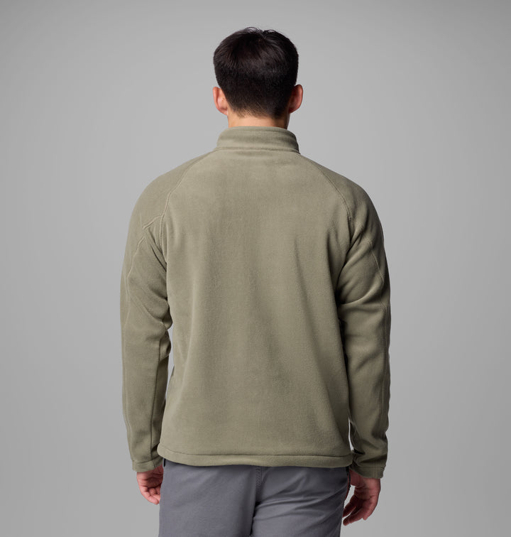 Men's stone green fleece half-zip pullover, back view