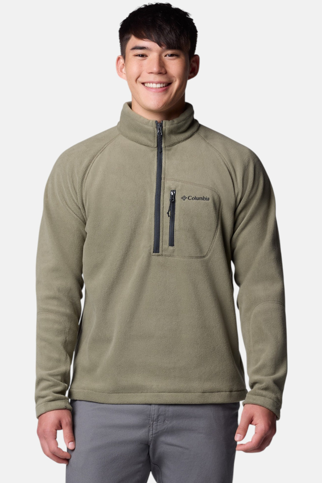 Men's stone green fleece half-zip pullover with stand collar and chest zip pocket