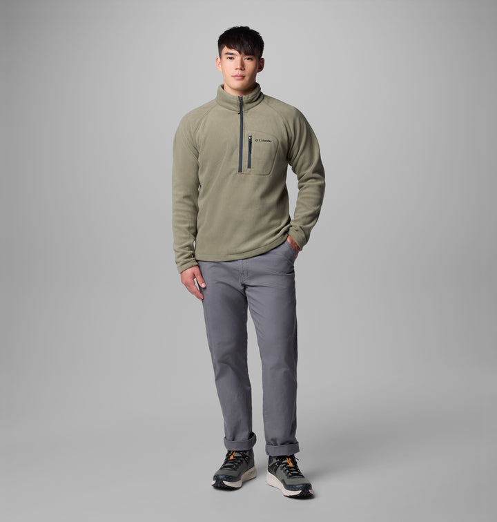 Men's stone green fleece half-zip pullover with side hand pockets and logo chest