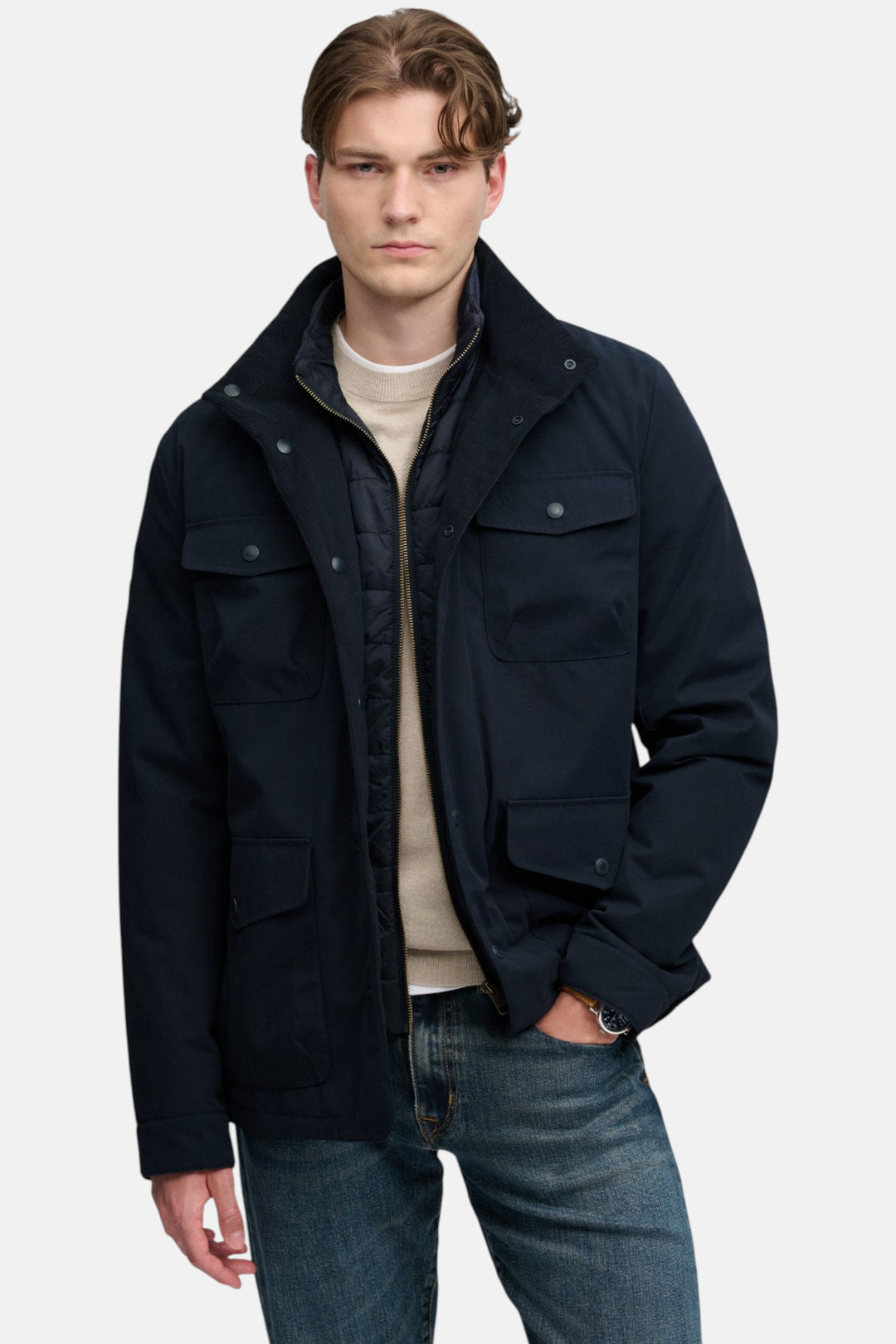 Navy Burford 2-in-1 jacket with open button front, flap pockets, inner layer visible