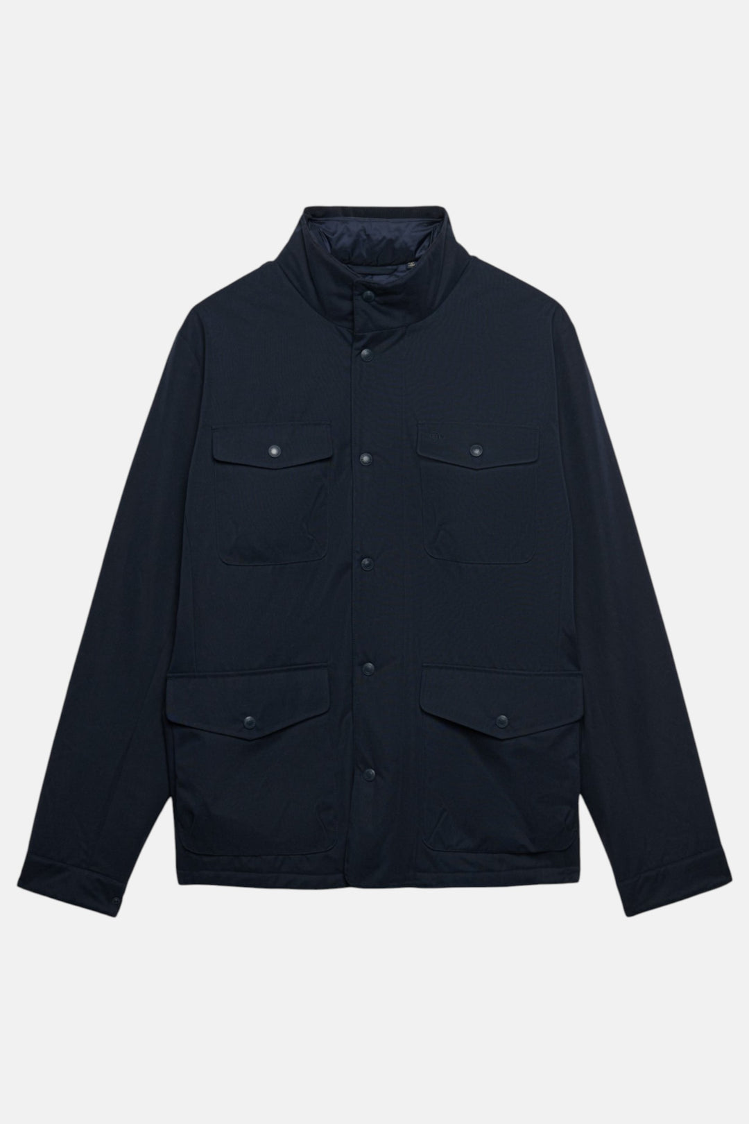 Navy Burford 2-in-1 jacket with stand collar, button front, four flap pockets