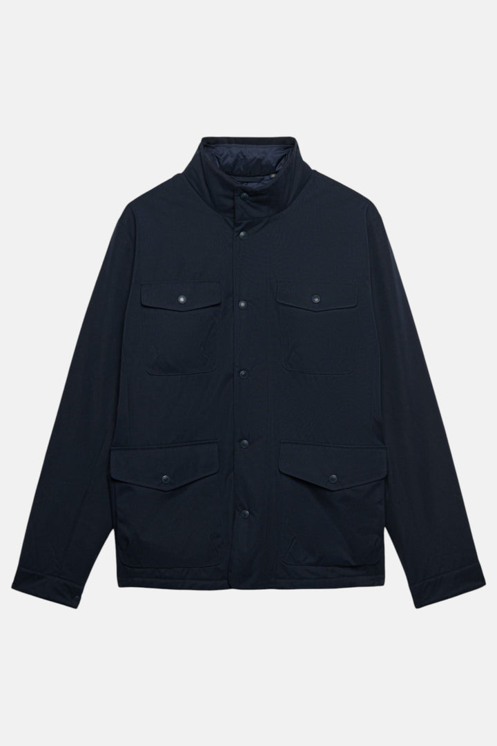 Navy Burford 2-in-1 jacket with stand collar, button front, four flap pockets
