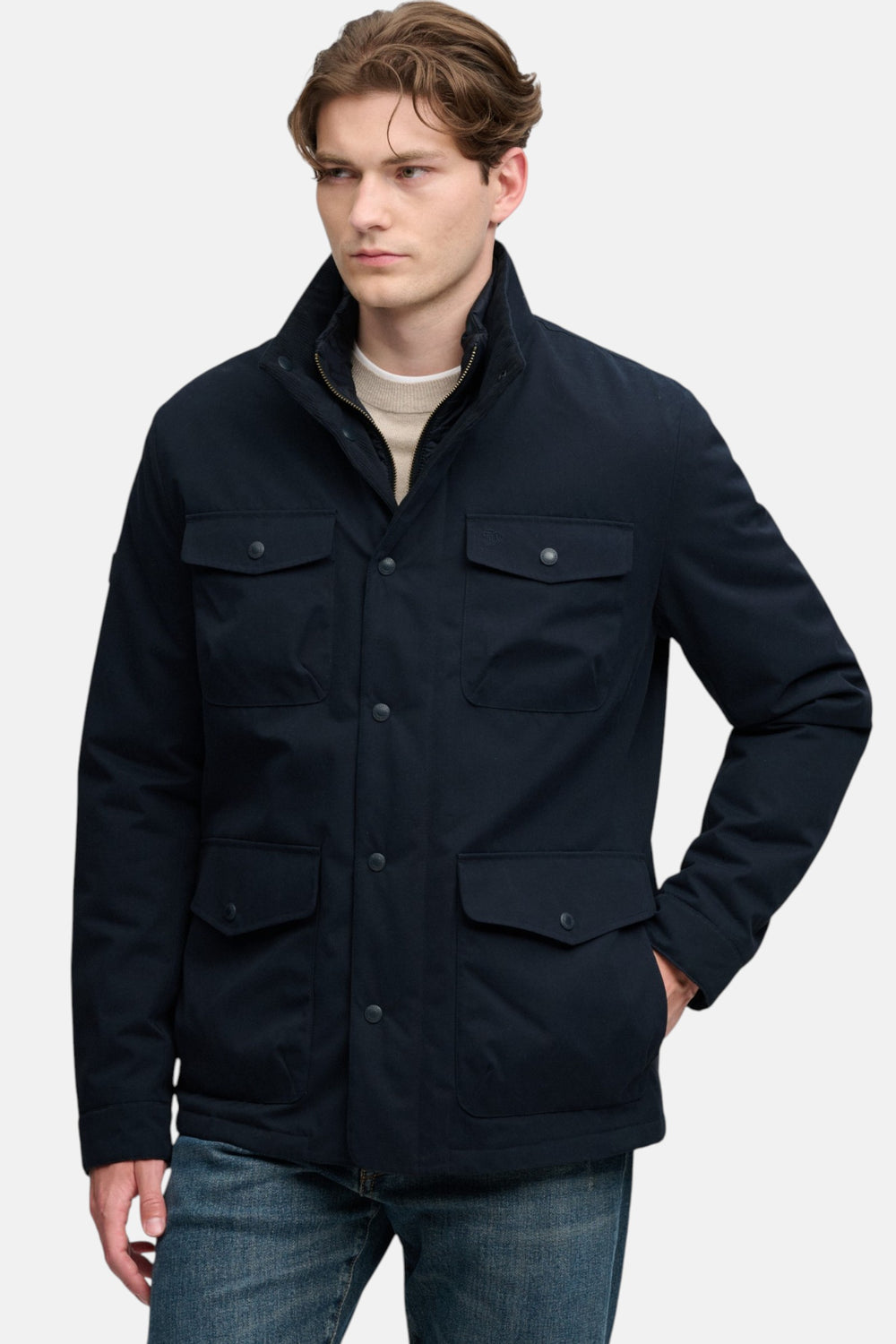 Navy Burford 2-in-1 jacket with button front, stand collar, flap chest pockets