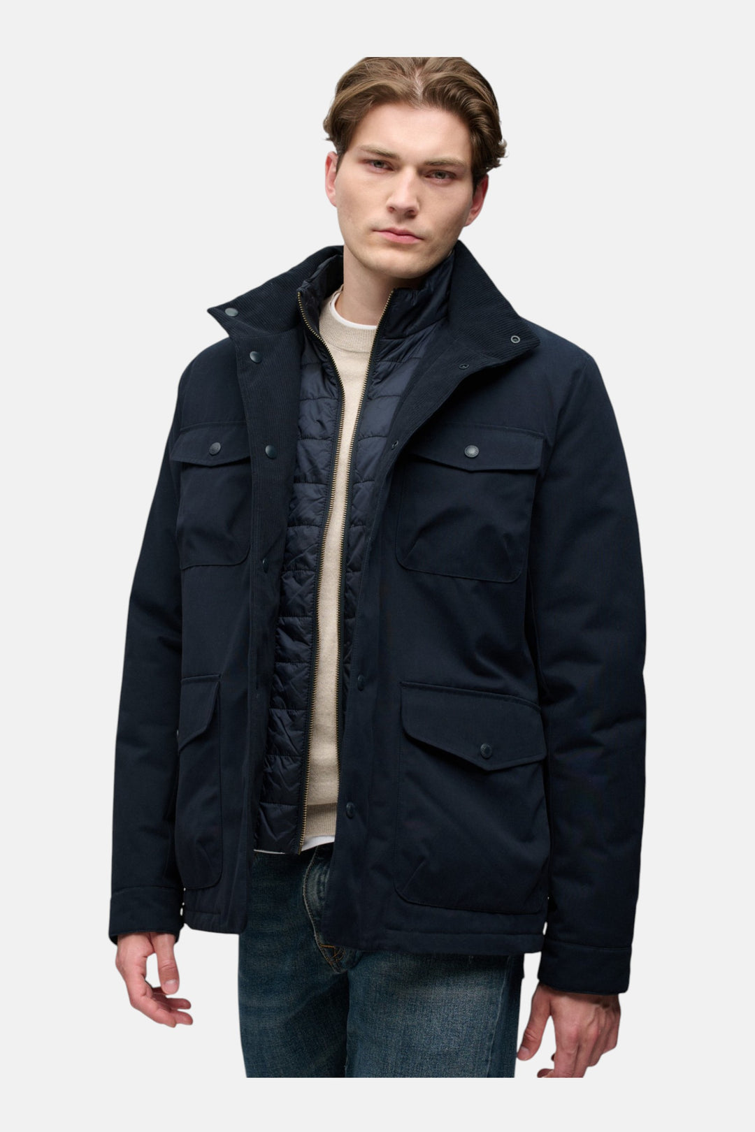 Navy Superdry Burford 2-in-1 jacket with button front, flap pockets, two-layer design
