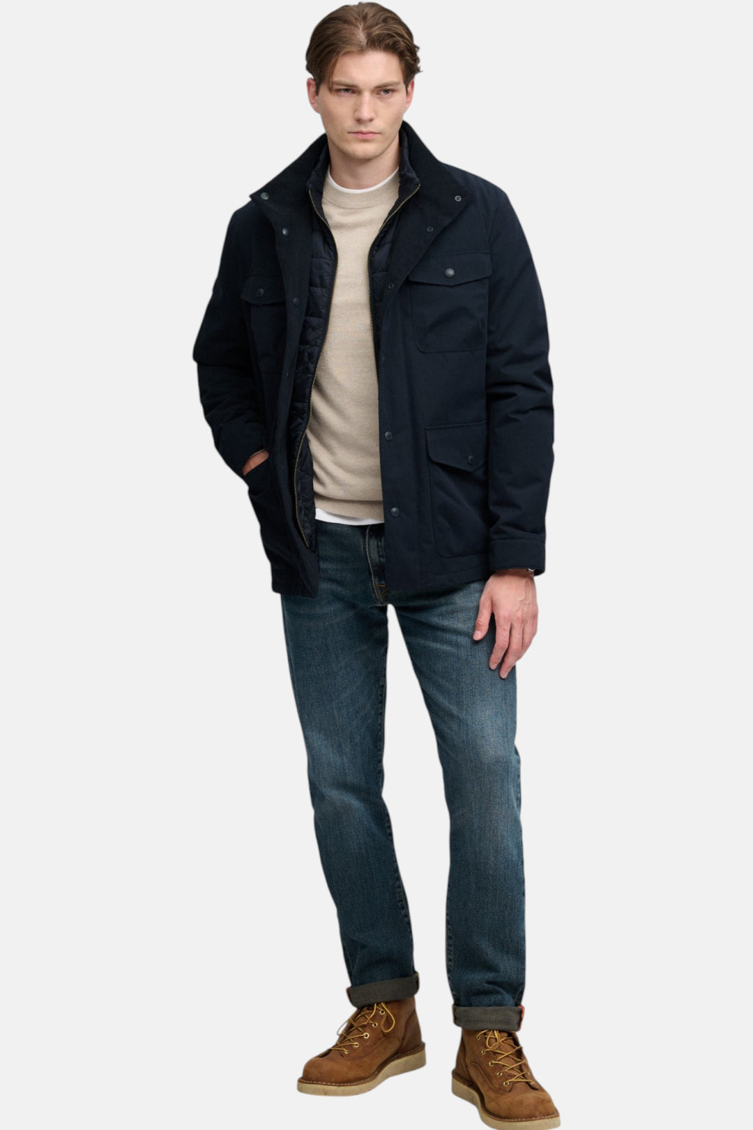 Navy Burford 2-in-1 jacket with button front, flap pockets, standing collar