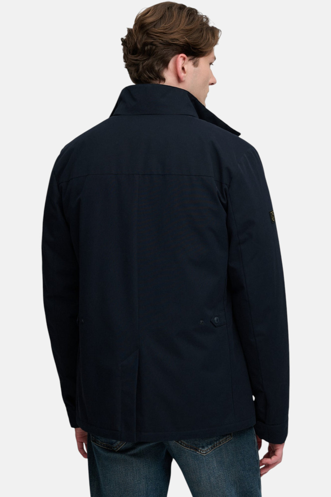 Navy Burford 2-in-1 jacket back view with button closure and flap pockets