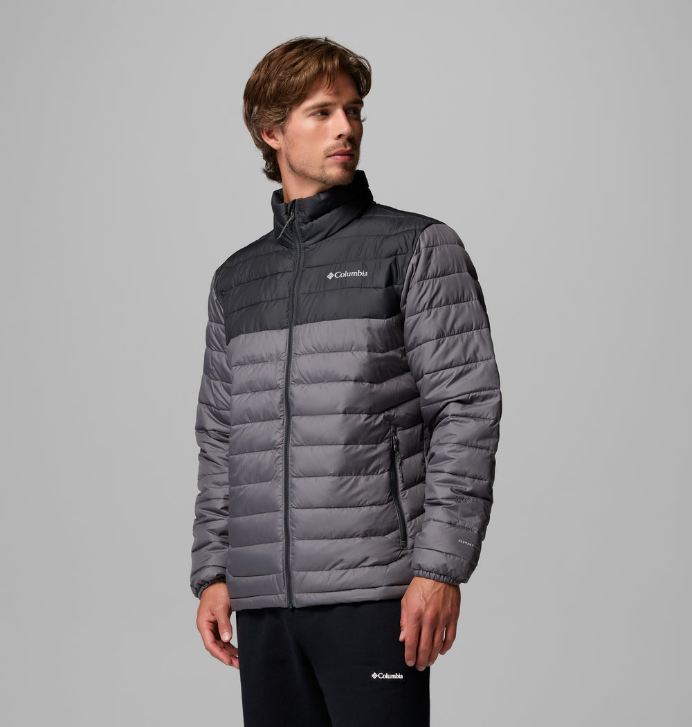 Columbia Powder Lite II jacket, dark gray horizontal quilting with full-zip front and logo