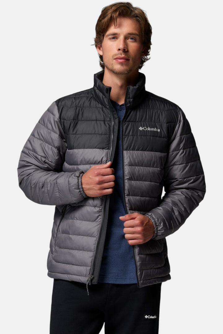 Columbia Powder Lite II jacket in dark gray, full-zip puffer with stand collar