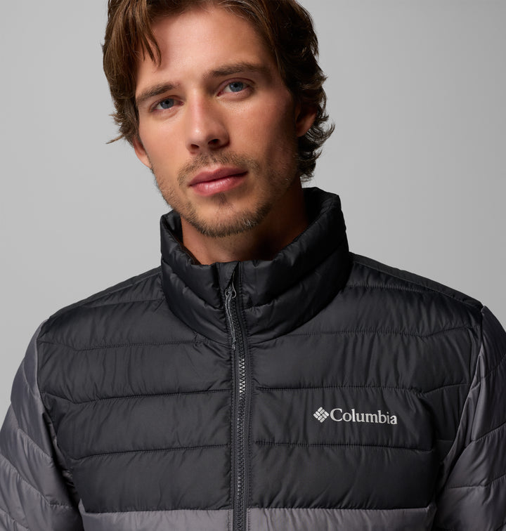 Columbia Powder Lite II jacket front view, dark gray puffer with stand collar and logo