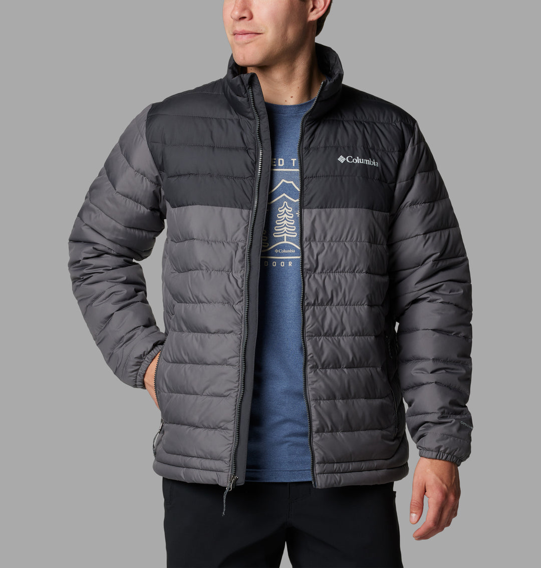 Columbia Powder Lite II jacket front view, dark gray quilted puffer with full zipper