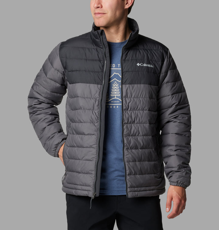 Columbia Powder Lite II jacket front view, dark gray quilted puffer with full zipper