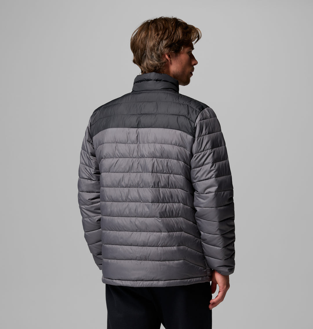 Columbia Powder Lite II jacket back view, dark gray horizontal quilted puffer