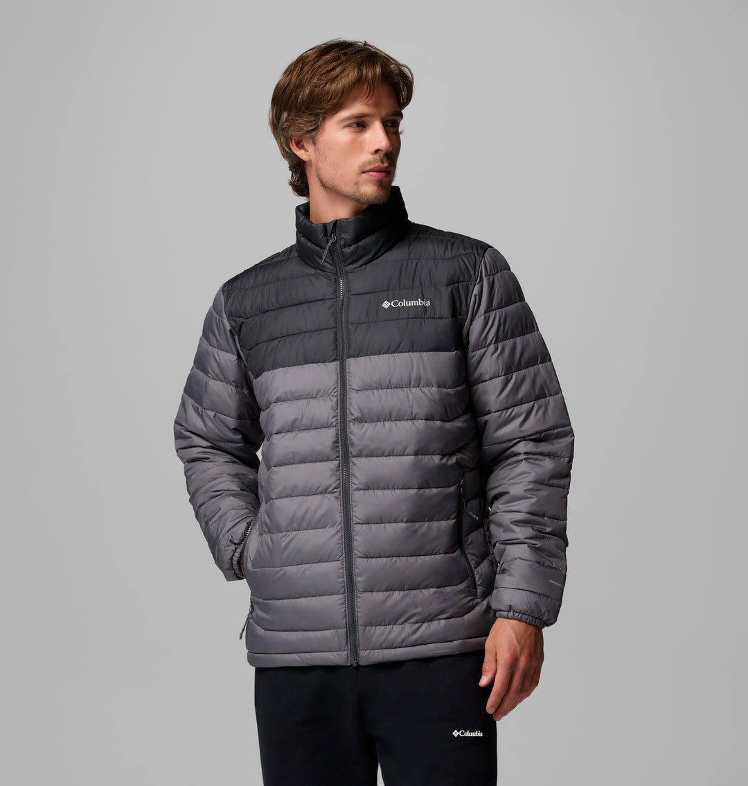 Columbia Powder Lite II jacket angled front view, dark gray puffer with full-zip front
