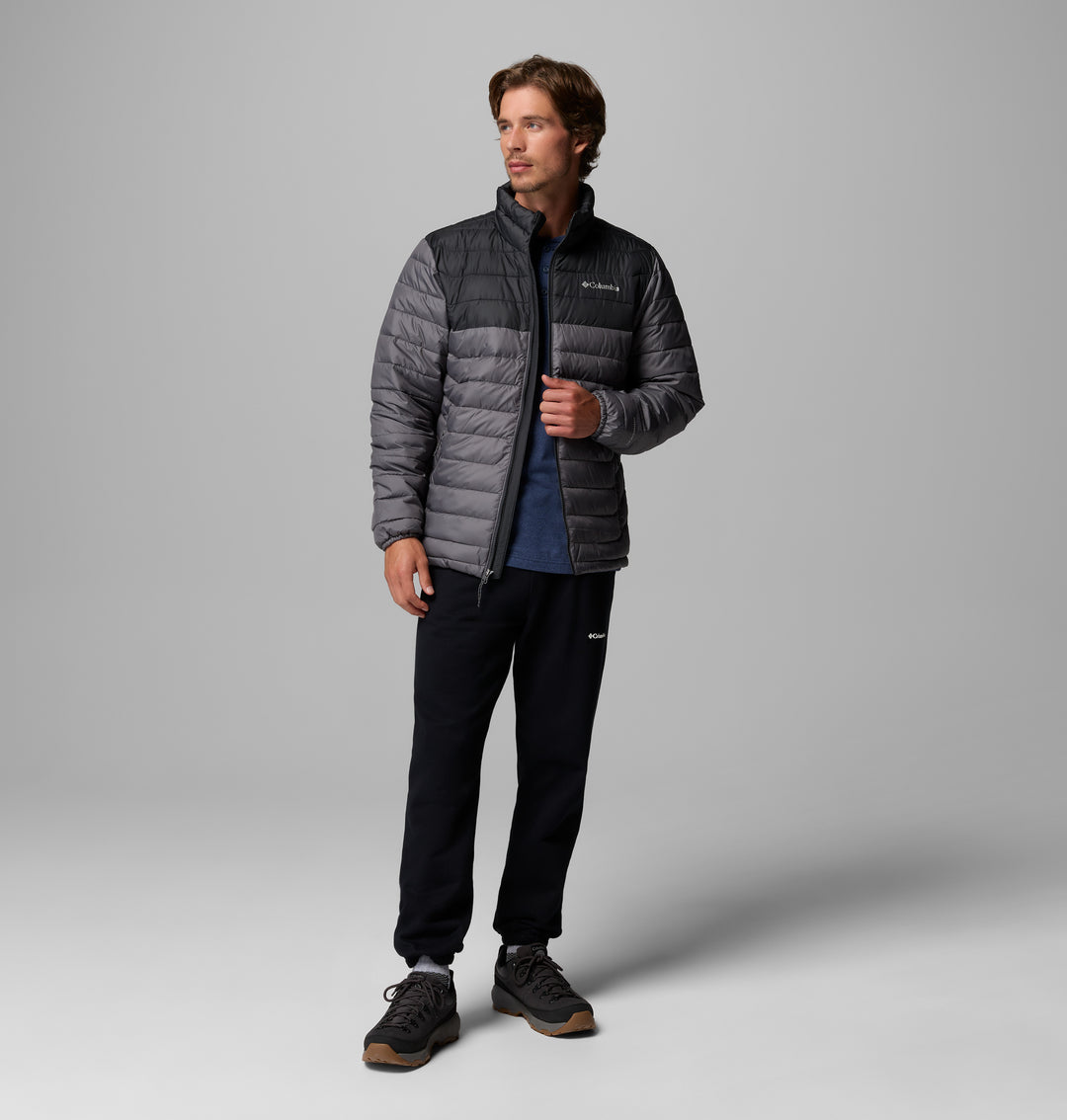 Columbia Powder Lite II jacket, dark gray quilted puffer with zip front and hoodless collar