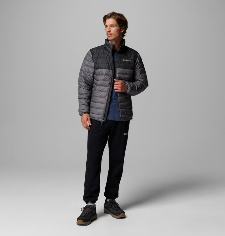 Columbia Powder Lite II jacket, dark gray quilted puffer with zip front and hoodless collar