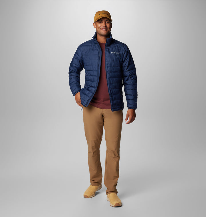 Men’s navy puffer jacket with full-zip front and quilted channel stitching