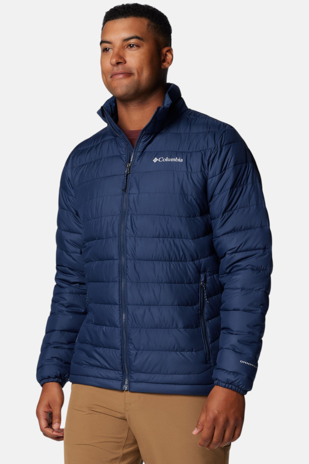 Men’s navy puffer jacket with full-zip and stand collar, quilted insulation
