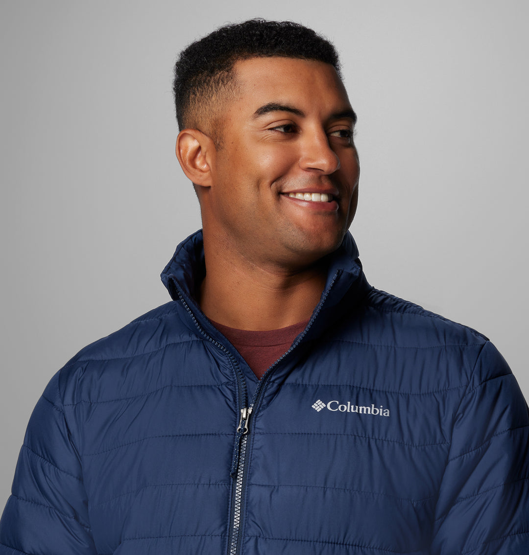 Columbia men’s navy puffer jacket with full-zip and chest logo