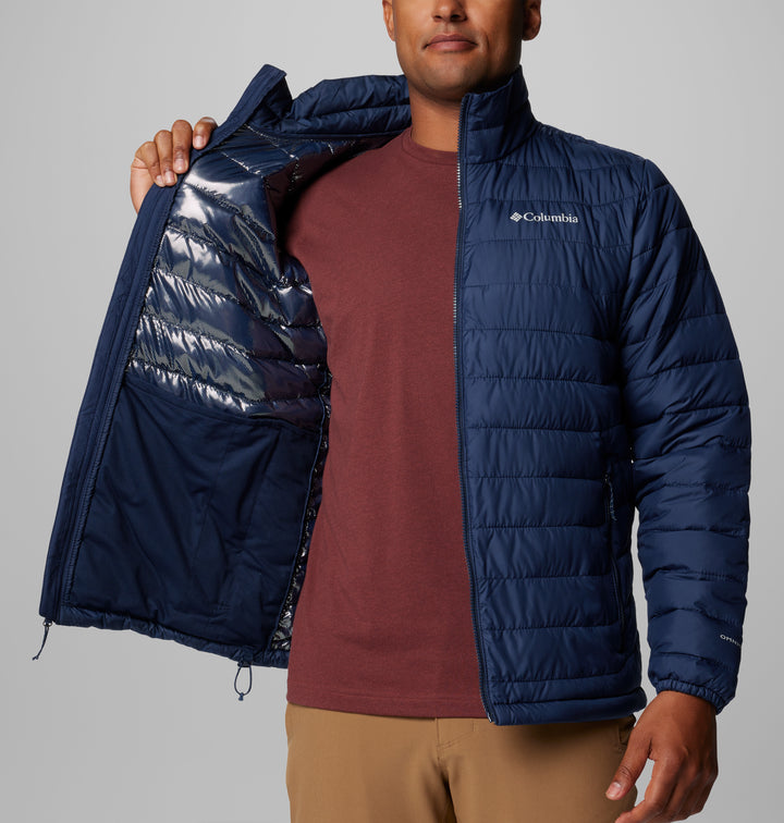 Men’s navy puffer jacket open to show interior lining, full-zip front