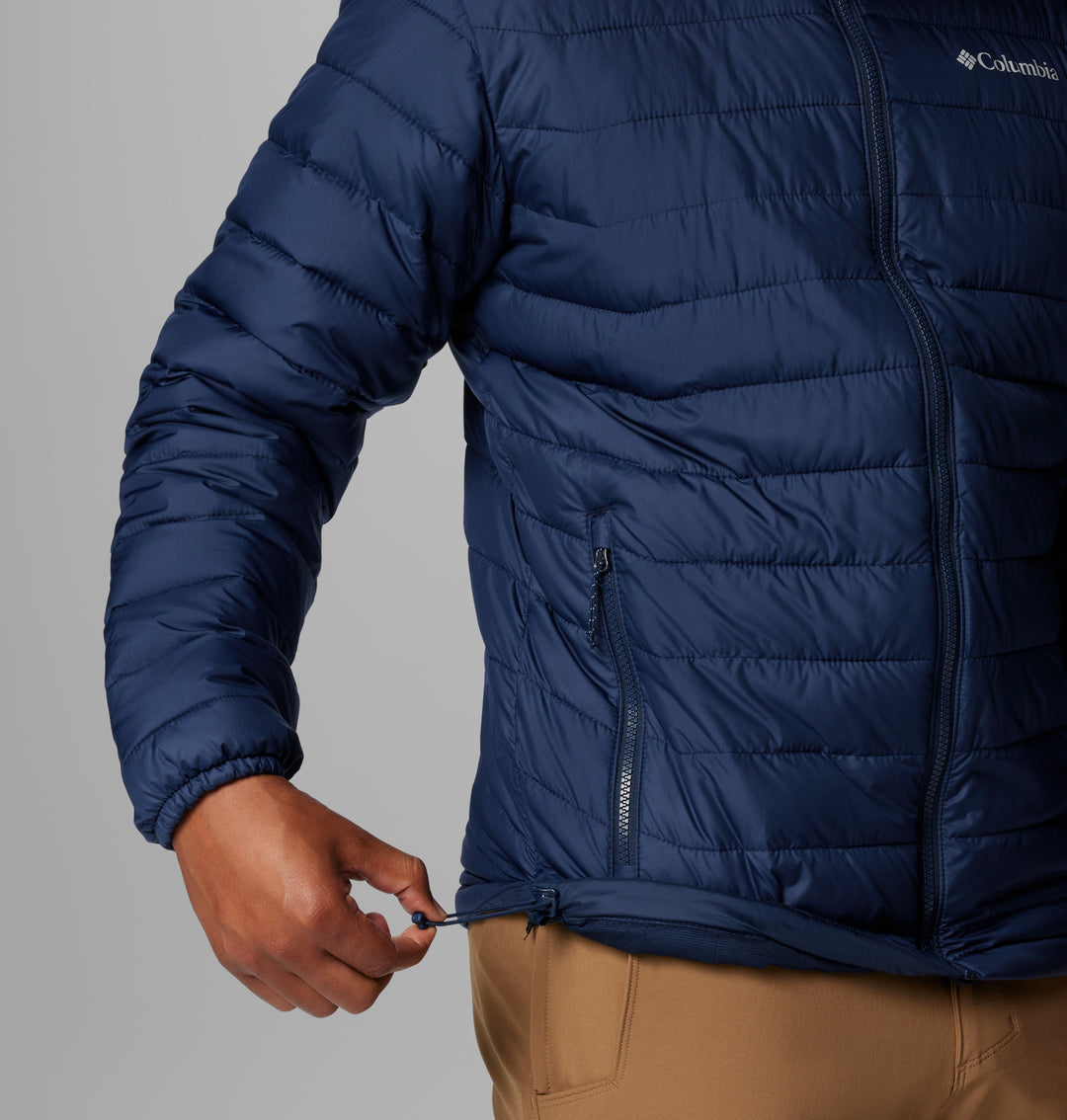 Men’s navy quilted puffer jacket close-up with zip pocket and full-zip seam