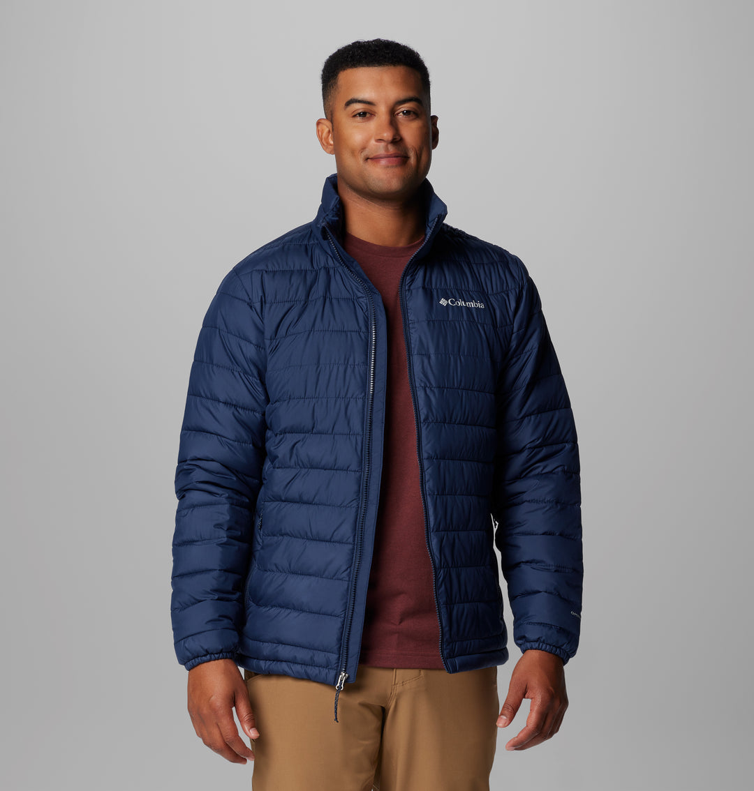 Men’s navy quilted puffer jacket with full-zip front and stand collar