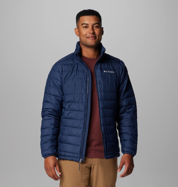 Men’s navy quilted puffer jacket with full-zip front and stand collar