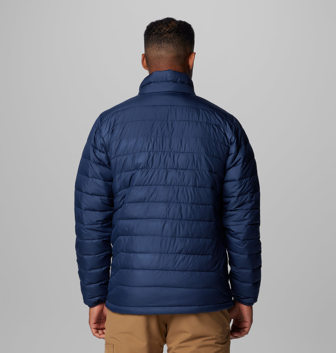 Men’s navy quilted puffer jacket back view with stand collar and full-zip