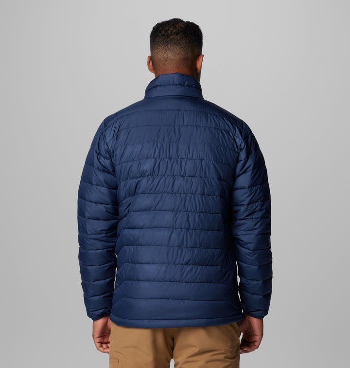 Men’s navy quilted puffer jacket back view with stand collar and full-zip
