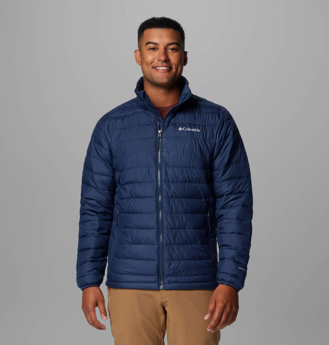 Men’s navy quilted puffer jacket with full-zip front and stand collar
