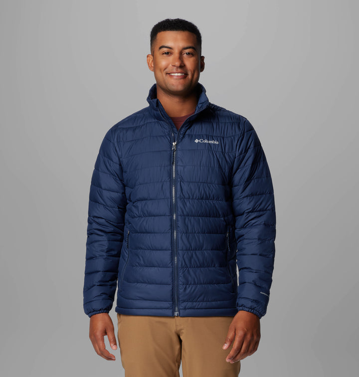 Men’s navy quilted puffer jacket with full-zip front and stand collar