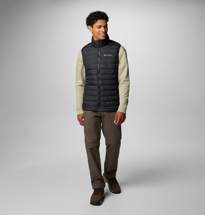 Black Columbia puffer vest with full-zip and stand collar, quilted insulation