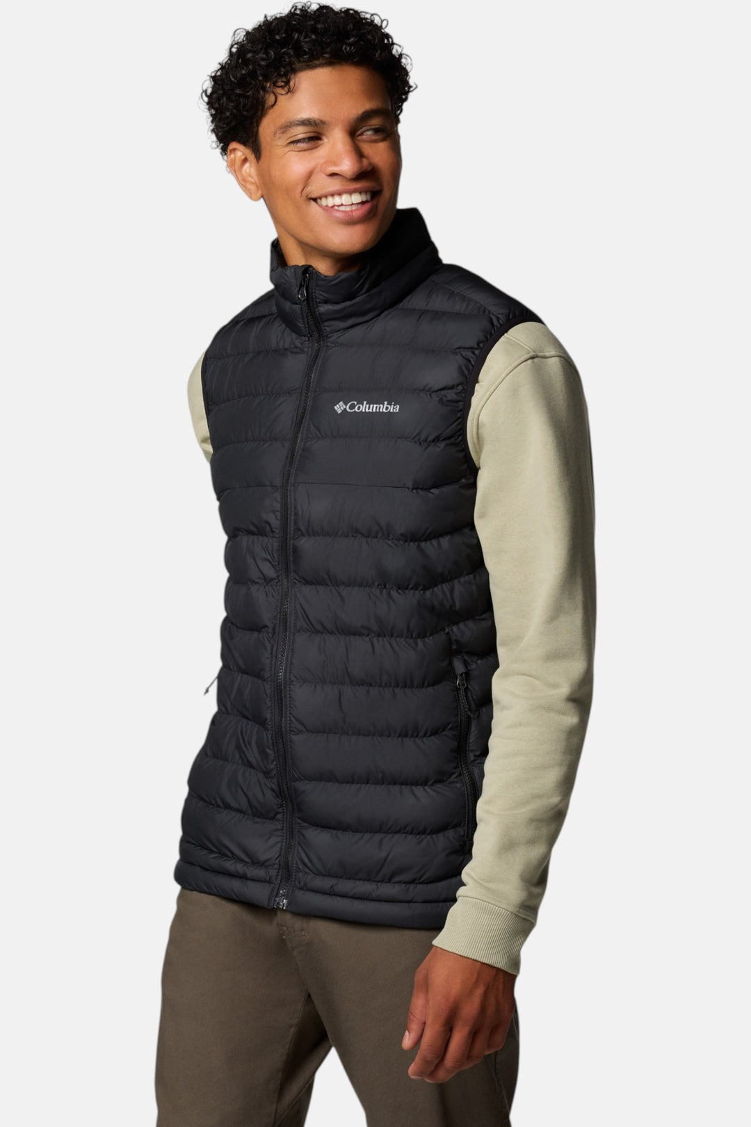Black quilted puffer vest with full-zip and stand collar, Columbia logo