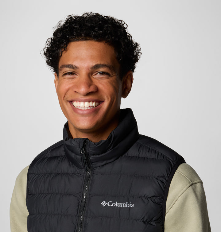Black quilted vest with stand collar, full-zip, Columbia logo at chest