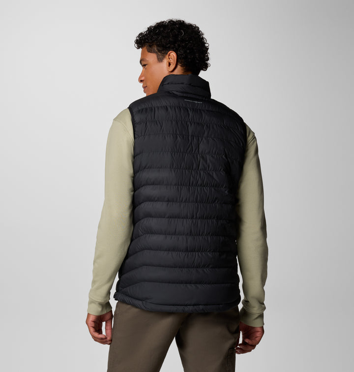 Black sleeveless puffer vest with quilted back panel and full-zip stand collar