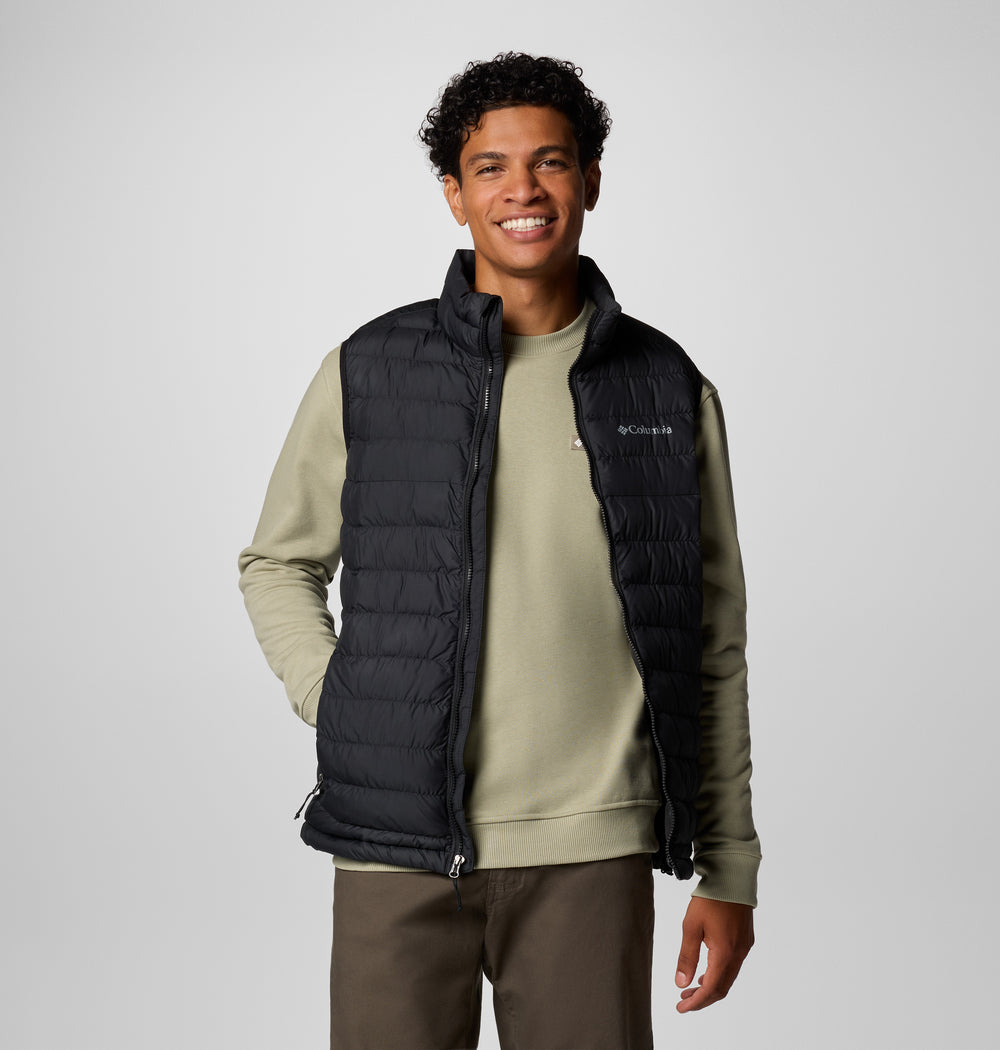 Black sleeveless puffer vest with full-zip, stand collar, side pockets