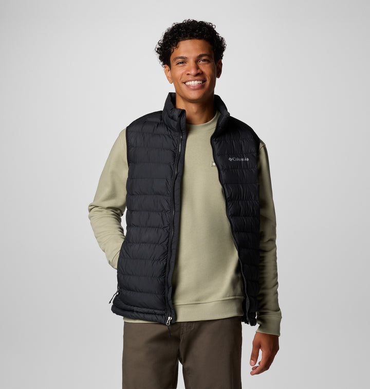 Black sleeveless puffer vest with full-zip, stand collar, side pockets