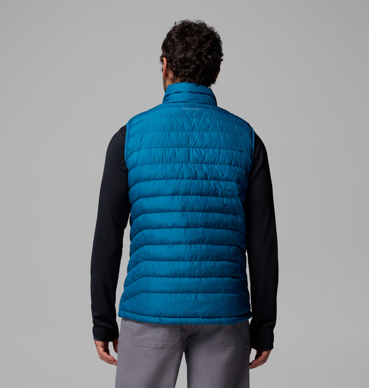 Blue quilted puffer vest with zip-front, back view, and standing collar.