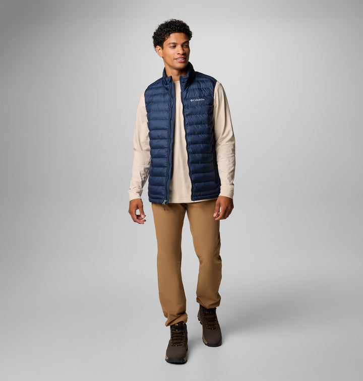 Men's navy quilted insulated vest with full-zip front and stand collar