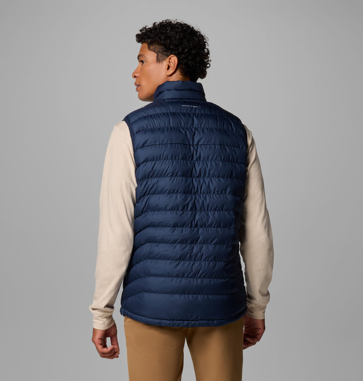 Men's navy quilted insulated vest back view with full-coverage quilting