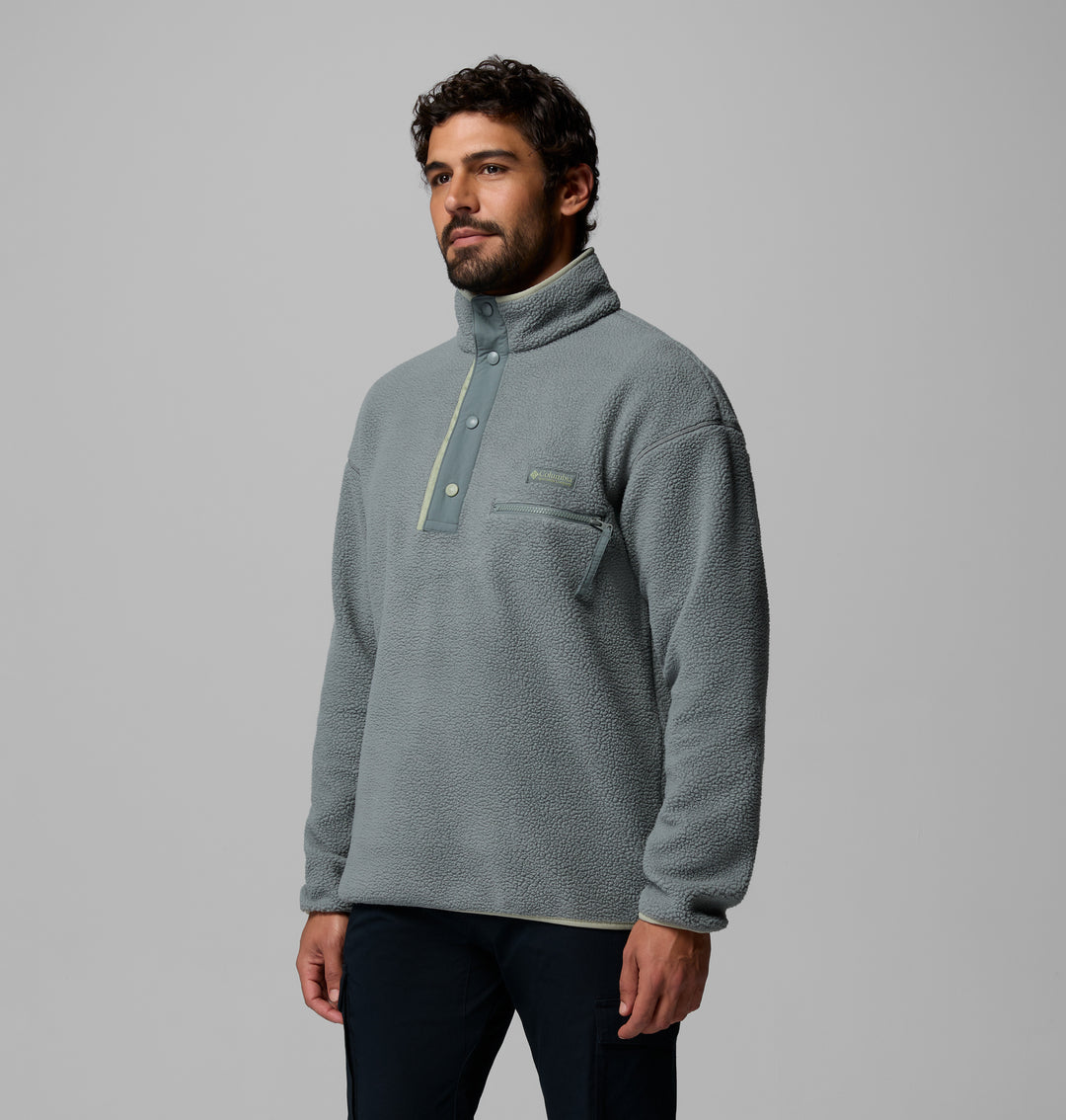 Men's sage fleece pullover with half-snap placket, long sleeves, and chest pocket