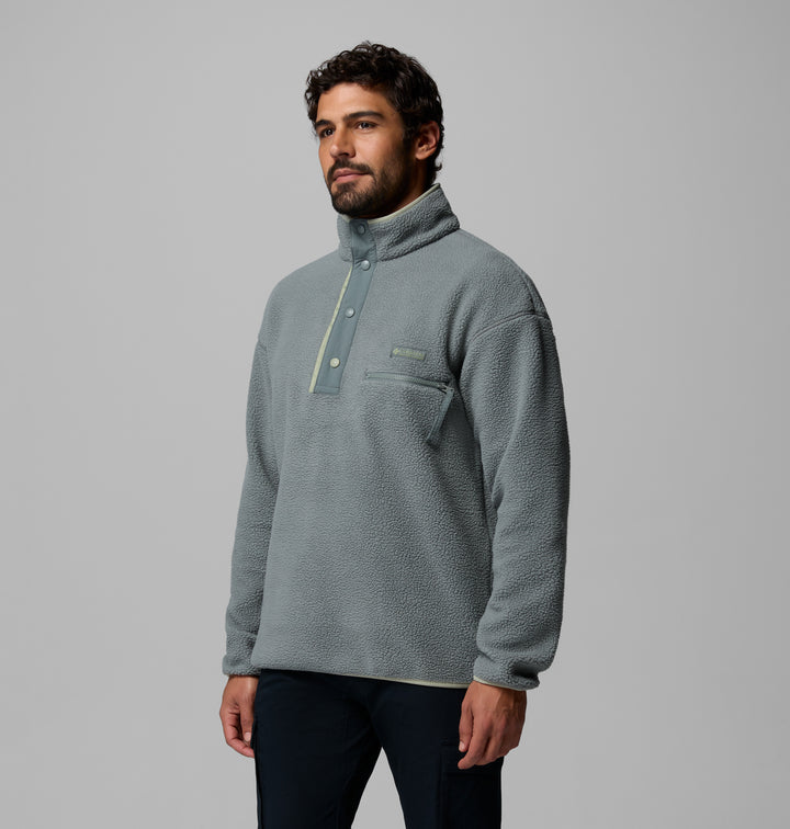 Men's sage fleece pullover with half-snap placket, long sleeves, and chest pocket