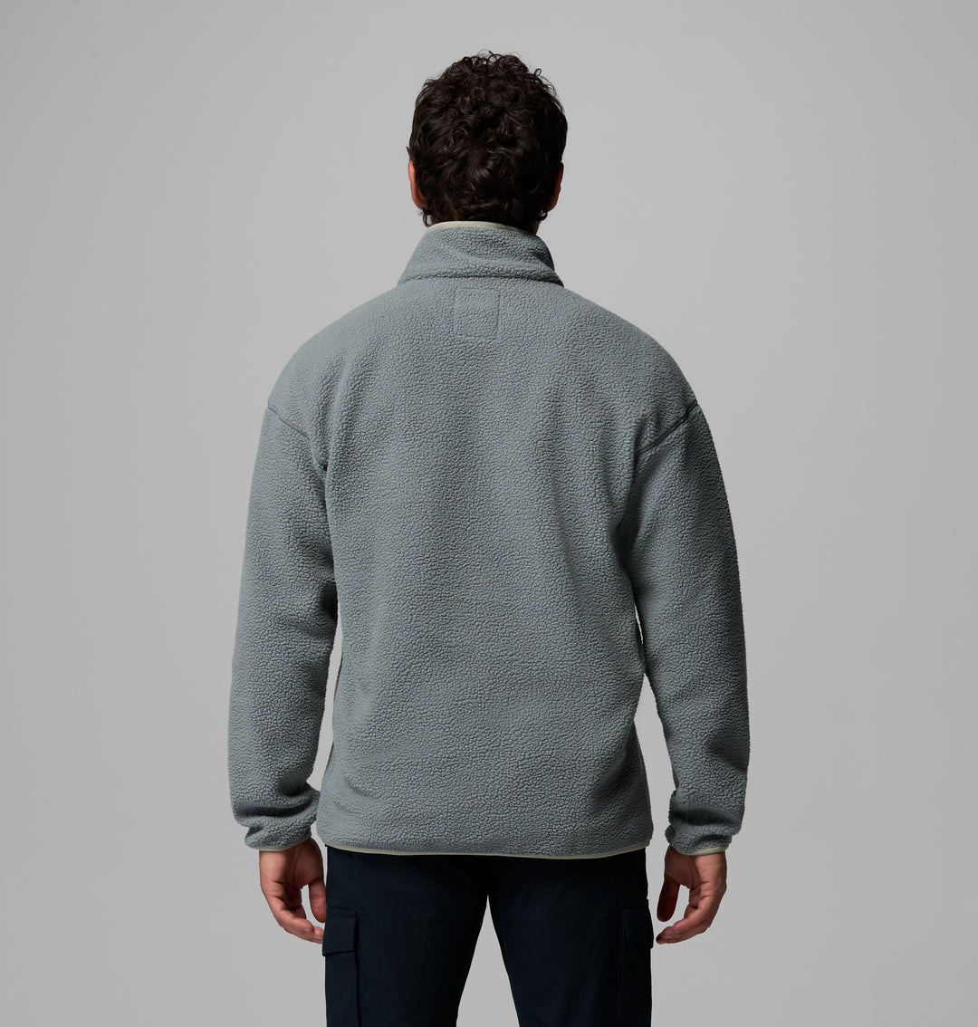 Back view of men's sage half-snap fleece pullover with stand collar and long sleeves