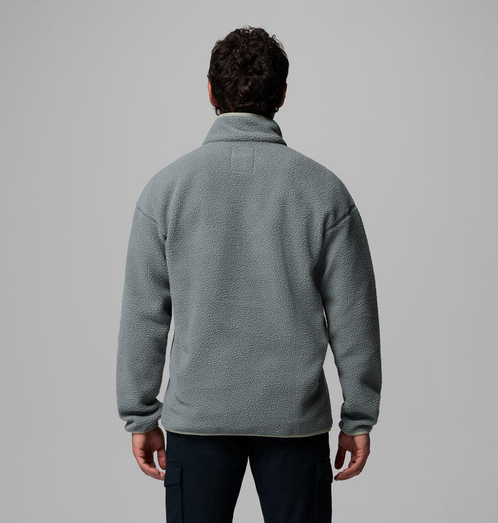 Back view of men's sage half-snap fleece pullover with stand collar and long sleeves