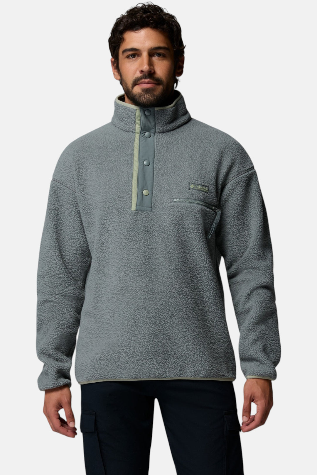 Men's sage half-snap fleece pullover with stand collar and chest pocket