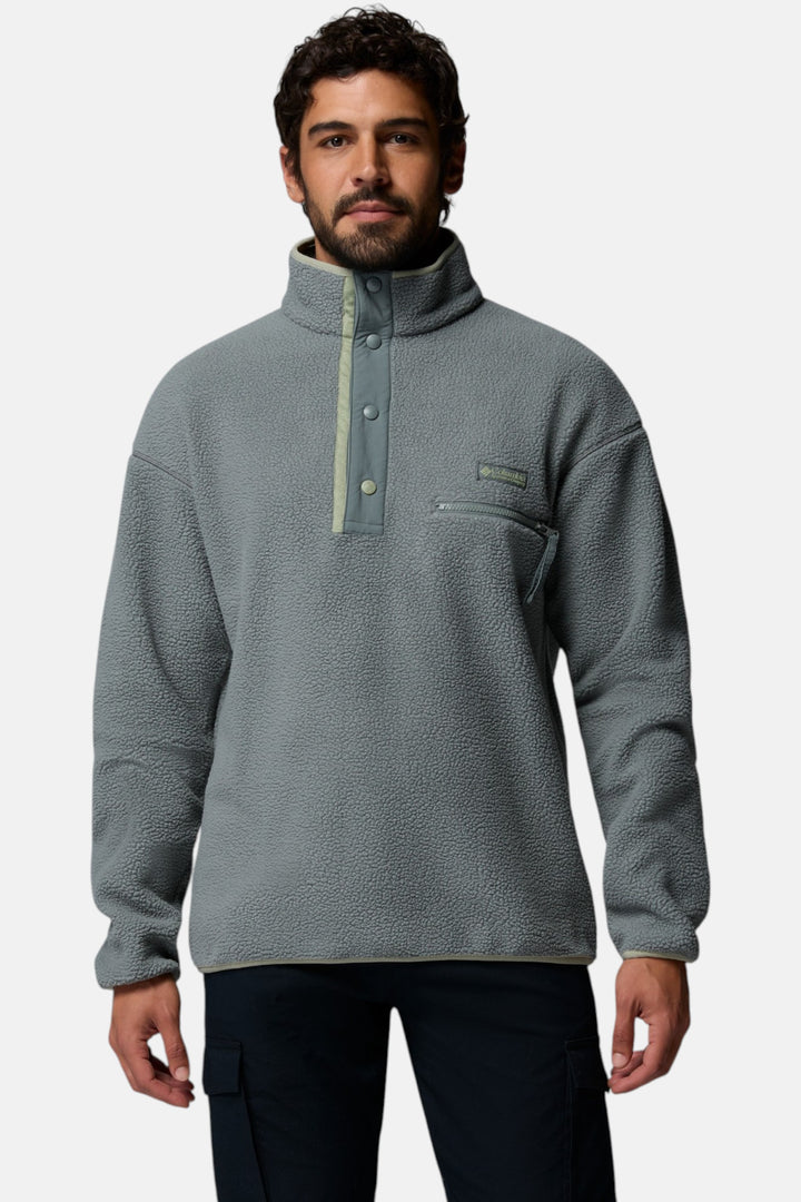 Men's sage half-snap fleece pullover with stand collar and chest pocket