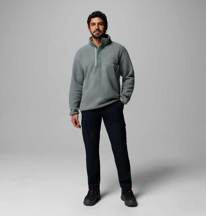 Men's sage half-snap fleece pullover with stand collar, chest pocket, and long sleeves