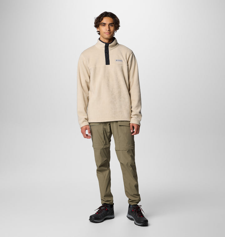 Men's half-snap fleece pullover in light beige with black half-snap placket and stand collar